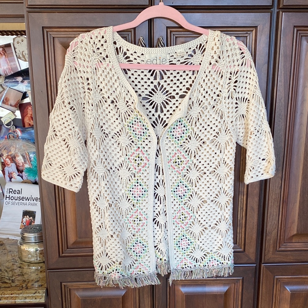 Cream Crochet Open-Front Sweater with Fringe